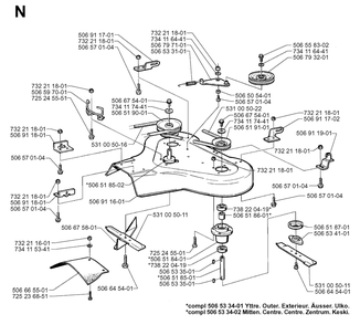 85cm Cutting Deck Diagram and Parts List for R850 1998-03 Husqvarna Lawn Tractor