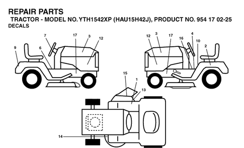 Decals Diagram and Parts List for YTH1542XP (HAU15H42J)(2004-09) Husqvarna Lawn Tractor