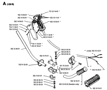 Handle And Controls 2 Diagram and Parts List for 120R  Husqvarna Brush Cutter