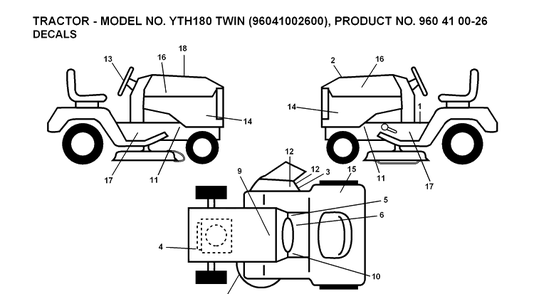 Decals Diagram and Parts List for YTH180 (96041002600)(2007-02) Husqvarna Lawn Tractor