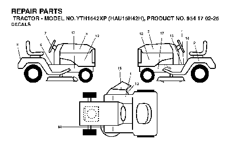 Decals Diagram and Parts List for YTH1542XP (HAU15H42H, 954170225)(2004-09) Husqvarna Lawn Tractor