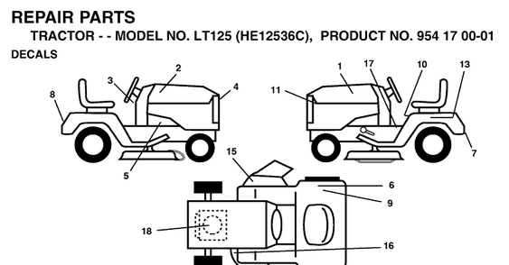 Decals Diagram and Parts List for LT125 (HE12536C)(1998-03) Husqvarna Lawn Tractor
