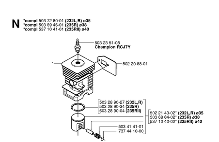 Cylinder Piston Diagram and Parts List for 235R 20060100001-20061400000 Husqvarna Brush Cutter