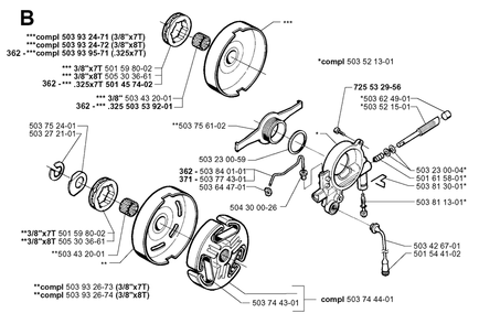 Clutch And Oil Pump Diagram and Parts List for 371XP 19991800001 & Above Husqvarna Chainsaw