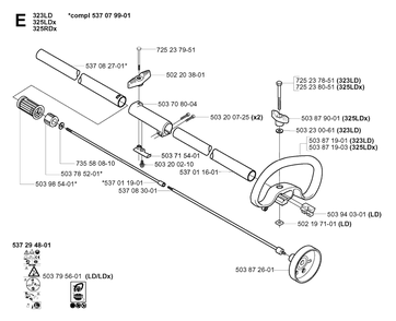 Shaft And Handle Diagram and Parts List for 325RDX 20051800001 & Above Husqvarna Trimmer