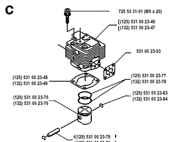 Cylinder Piston Diagram and Parts List for 125L 19931400001-20053600000 Husqvarna Edger