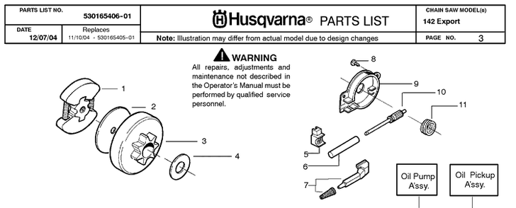 Clutch And Oil Pump Diagram and Parts List for 142 20050100001-20064900000 Husqvarna Chainsaw