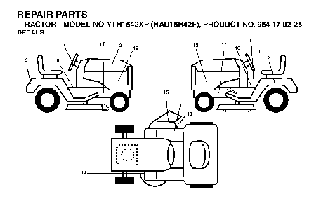 Decals Diagram and Parts List for YTH1542XP (HAU15H42F, 954170225)(2004-09) Husqvarna Lawn Tractor
