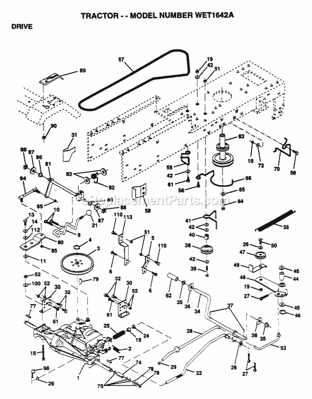 Drive Diagram and Parts List for WET1642A 1995 Husqvarna Lawn Tractor