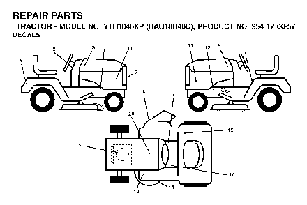 Decals Diagram and Parts List for YTH1848XP (HAU18H48D, 954170057)(2003-01) Husqvarna Lawn Tractor