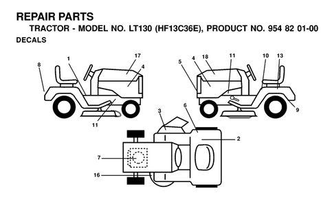 Decals Diagram and Parts List for LT130 (954820100-E)(2000-02) Husqvarna Lawn Tractor