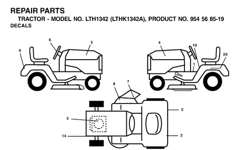 Decals Diagram and Parts List for LTH1342-LTHK1342A 2002-01 Husqvarna Lawn Tractor