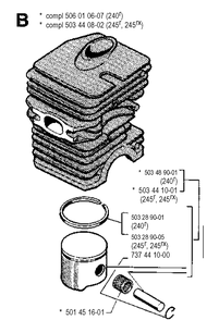 Cylinder Piston Diagram and Parts List for 245R 19900100001-19941400000 Husqvarna Brush Cutter