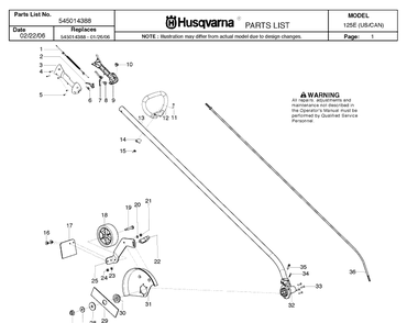 Shaft And Handle Diagram and Parts List for 125E 20061100001-20082299999 Husqvarna Edger