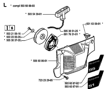 Starter Diagram and Parts List for 55 19914000001-19942300000 Husqvarna Chainsaw