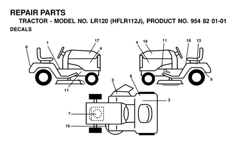 Decals Diagram and Parts List for LR120 (954820101-J)(2000-02) Husqvarna Lawn Tractor
