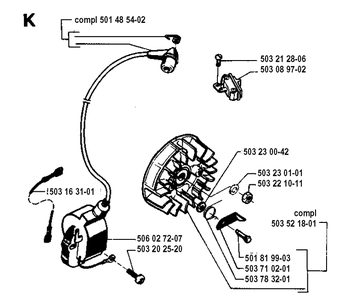 Ignition System Diagram and Parts List for 51 19942300001-19982300000 Husqvarna Chainsaw