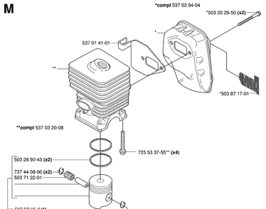 Cylinder, Piston And Muffler Diagram and Parts List for 323HE3 20053600001-20054000000 Husqvarna Hedge Trimmer