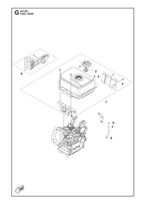 Fuel Tank Diagram and Parts List for HH301 598609801, 598609802, 598609803 Husqvarna Engine