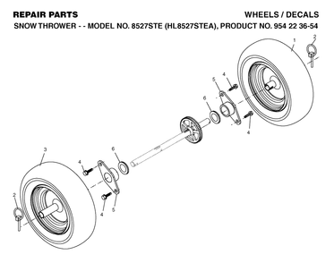 Wheels And Tires Diagram and Parts List for 8527STE (954223654-A)(2004-03) Husqvarna Snow Blower