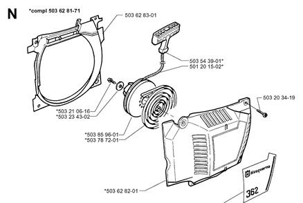 Starter Diagram and Parts List for 362XP 19983100001-19991800000 Husqvarna Chainsaw