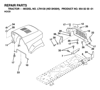 Hood Diagram and Parts List for LTH130 (954820001-H)(2000-02) Husqvarna Lawn Tractor
