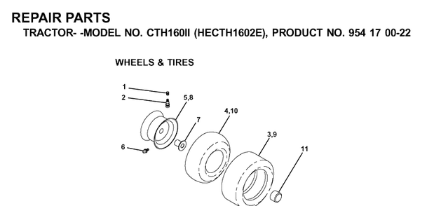 Wheels And Tires Diagram and Parts List for CTH160II (HECTH1602E)(2001-02) Husqvarna Lawn Tractor