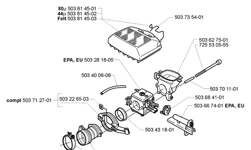 Air Filter/Carburetor Diagram and Parts List for 362XP 2005-05 Husqvarna Chainsaw