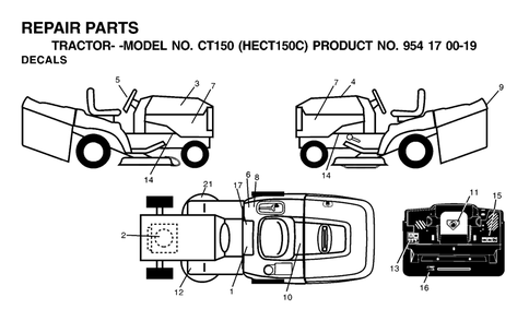 Decals Diagram and Parts List for CT150 (954170019-C)(2001-01) Husqvarna Lawn Tractor