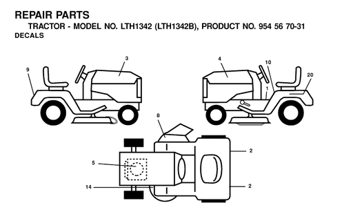 Decals Diagram and Parts List for LTH1342-LTH1342B 2000-12 Husqvarna Lawn Tractor