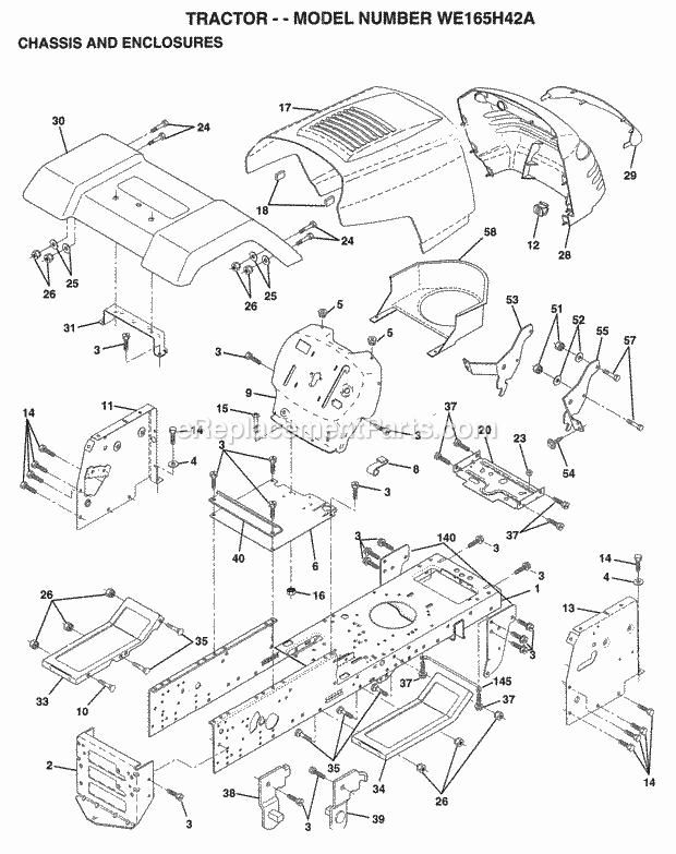 Chassis And Enclosures Diagram and Parts List for WE165H42A 1998 Husqvarna Lawn Tractor