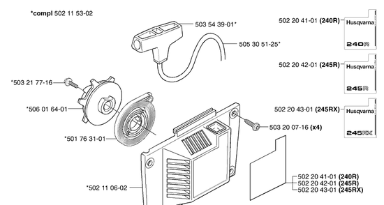 Starter Diagram and Parts List for 240 2002-08 Husqvarna Brush Cutter