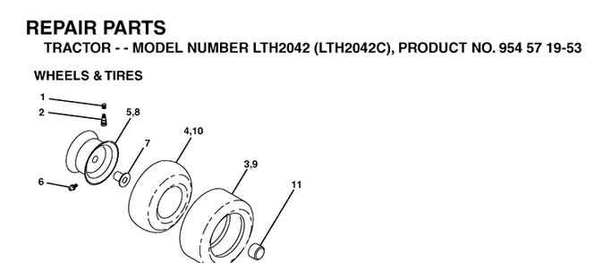 Wheels And Tires Diagram and Parts List for LTH2042-LTH2042C 2004-03 Husqvarna Lawn Tractor