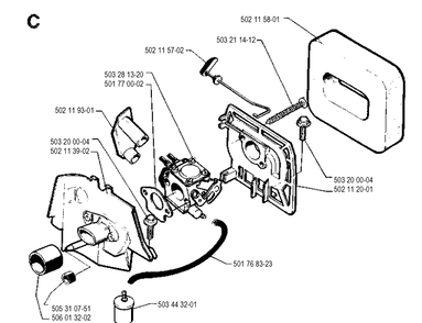 Carburetor And Air Filter Diagram and Parts List for 245R 19900100001-19941400000 Husqvarna Brush Cutter