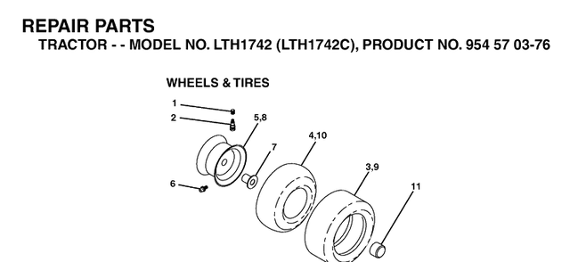 Wheels And Tires Diagram and Parts List for LTH1742-LTH1742C 2003-02 Husqvarna Lawn Tractor