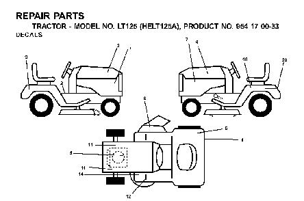 Decals Diagram and Parts List for LT125 (HELT125A, 954170033)(2001-01) Husqvarna Lawn Tractor