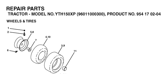 Wheels And Tires Diagram and Parts List for YTH150XP (96011000300)(2005-01) Husqvarna Lawn Tractor