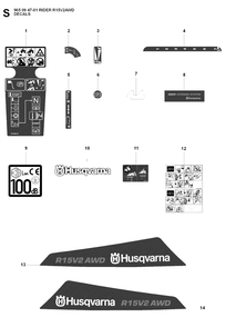 Decals Diagram and Parts List for R15-V2AWD (965094701)(2007-01) Husqvarna Lawn Tractor