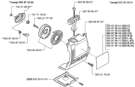Starter Diagram and Parts List for 322R 2000-04 Husqvarna Brush Cutter