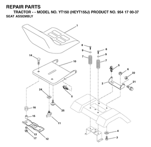 Seat Diagram and Parts List for YT150 (954170037-J)(2001-09) Husqvarna Lawn Tractor