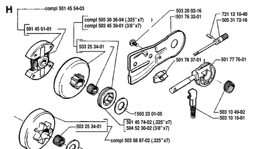Clutch And Oil Pump Diagram and Parts List for 55 19914000001-19942300000 Husqvarna Chainsaw