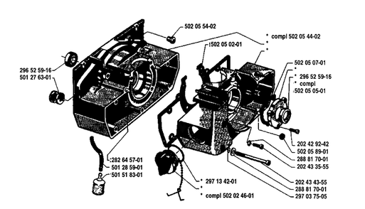 Crankcase Assembly Diagram and Parts List for 140R 1980-02 Husqvarna Brush Cutter