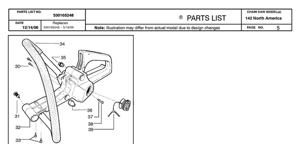 Fuel Tank And Handle Diagram and Parts List for 142 20064900001-20070100000 Husqvarna Chainsaw