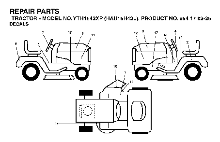 Decals Diagram and Parts List for YTH1542XP (HAU15H42L, 954170225)(2005-05) Husqvarna Lawn Tractor
