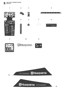 Decals Diagram and Parts List for R13AWD (965094601)(2007-01) Husqvarna Lawn Tractor