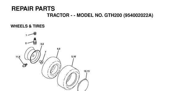 Wheels And Tires Diagram and Parts List for GTH200 (954002022A)(1995-05) Husqvarna Lawn Tractor
