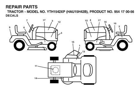 Decals Diagram and Parts List for YTH1542XP (954170056-B)(2003-01) Husqvarna Lawn Tractor