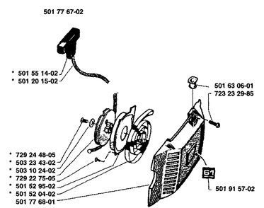 Starter Assembly Diagram and Parts List for 61 1989-02 Husqvarna Chainsaw