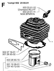 Cylinder Piston Diagram and Parts List for 265RX 19991000001-20012600000 Husqvarna Brush Cutter