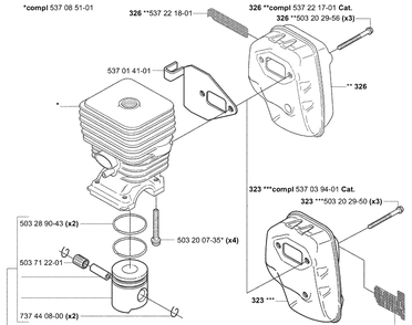 Piston / Cylinder / Muffler Diagram and Parts List for 323L 2004-03 Husqvarna Brush Cutter
